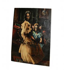 French oil on canvas by Auguste Durand-Rosé – Family portrait with lady and girl (First half of the 20th century)